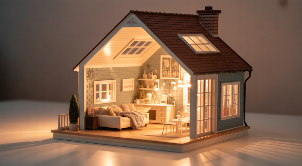 Miniature house interior illuminated by warm LED lights