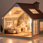 Miniature house interior illuminated by warm LED lights