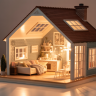 Miniature house interior illuminated by warm LED lights
