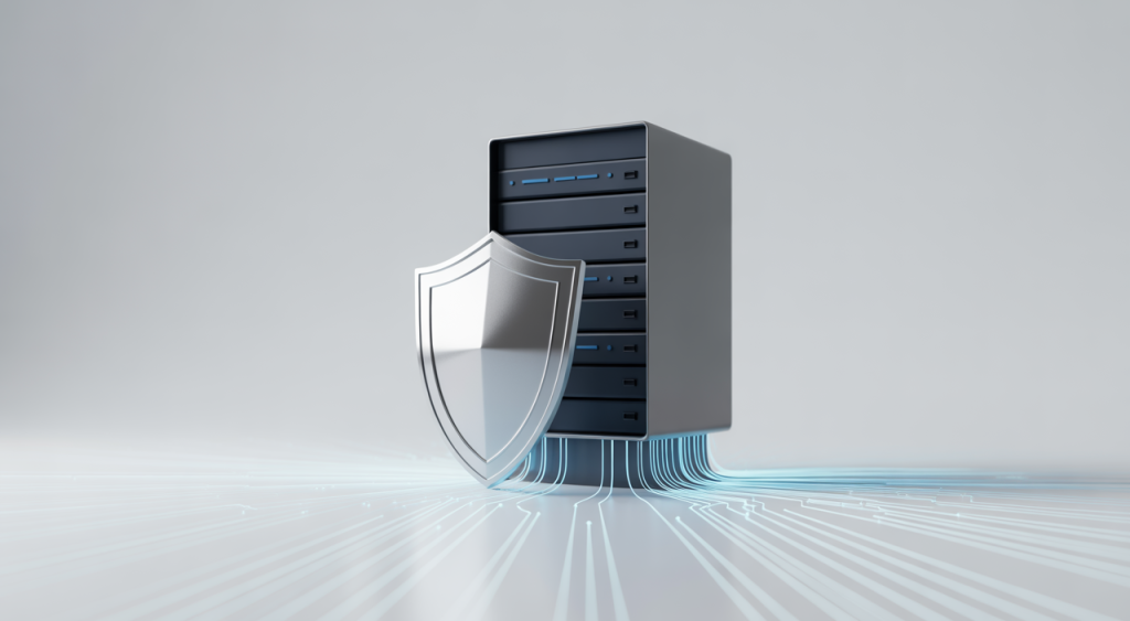 Professional photograph of a legal shield protecting a cloud server, symbolizing legal security for SaaS businesses.