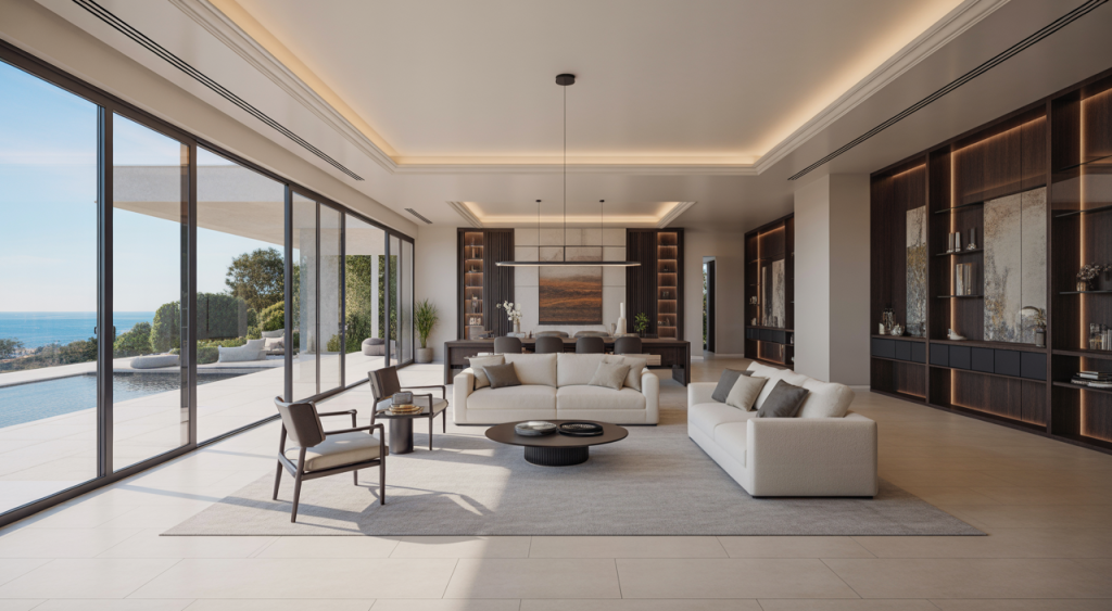 Luxurious modern home interior with high-end finishes and coastal views, representing a sophisticated residence