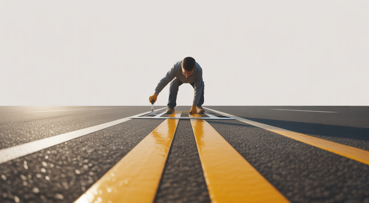 Professional applying a traffic marking stencil to create clear lines on asphalt