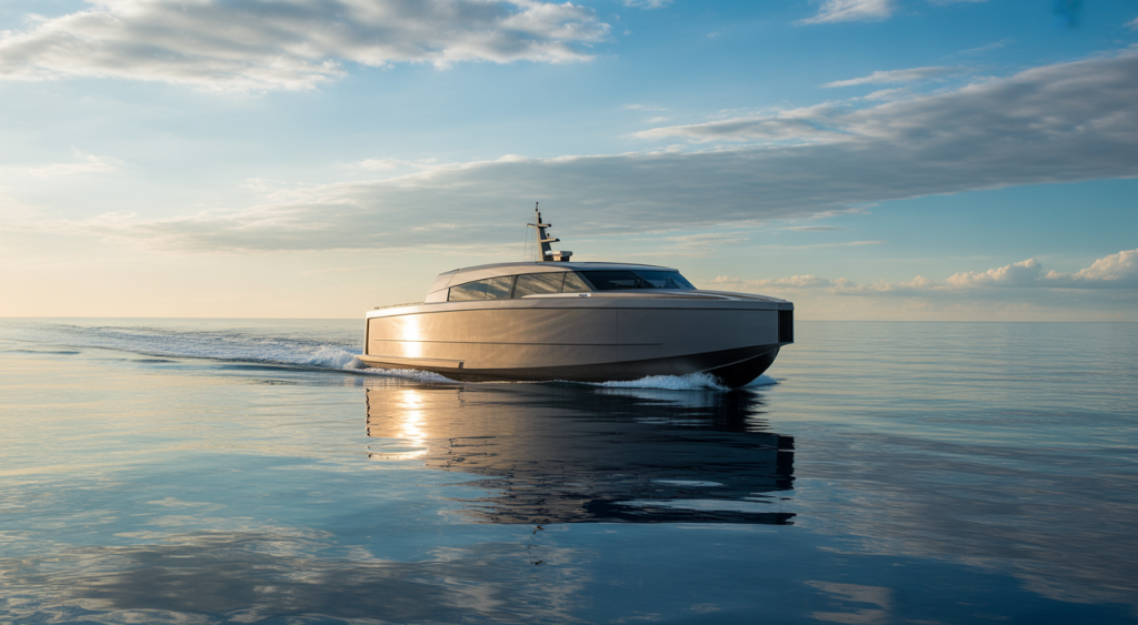A sleek, modern vessel on a serene Pacific Ocean at golden hour, symbolizing a dignified full body burial at sea in Southern California.