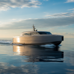 A sleek, modern vessel on a serene Pacific Ocean at golden hour, symbolizing a dignified full body burial at sea in Southern California.