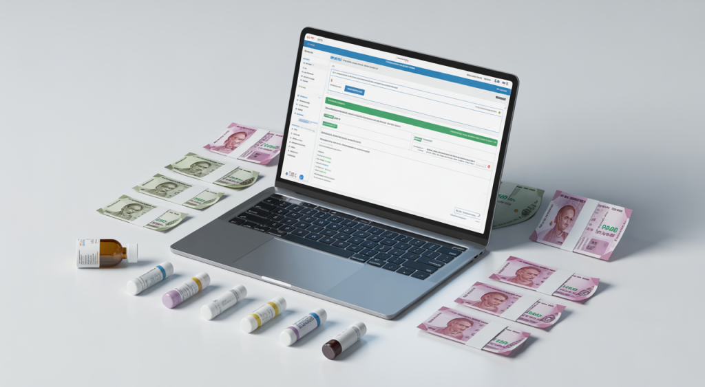 Laptop with regulatory application interface and pharmaceutical products on a white background, representing CDSCO Sugam Portal compliance.