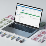 Laptop with regulatory application interface and pharmaceutical products on a white background, representing CDSCO Sugam Portal compliance.