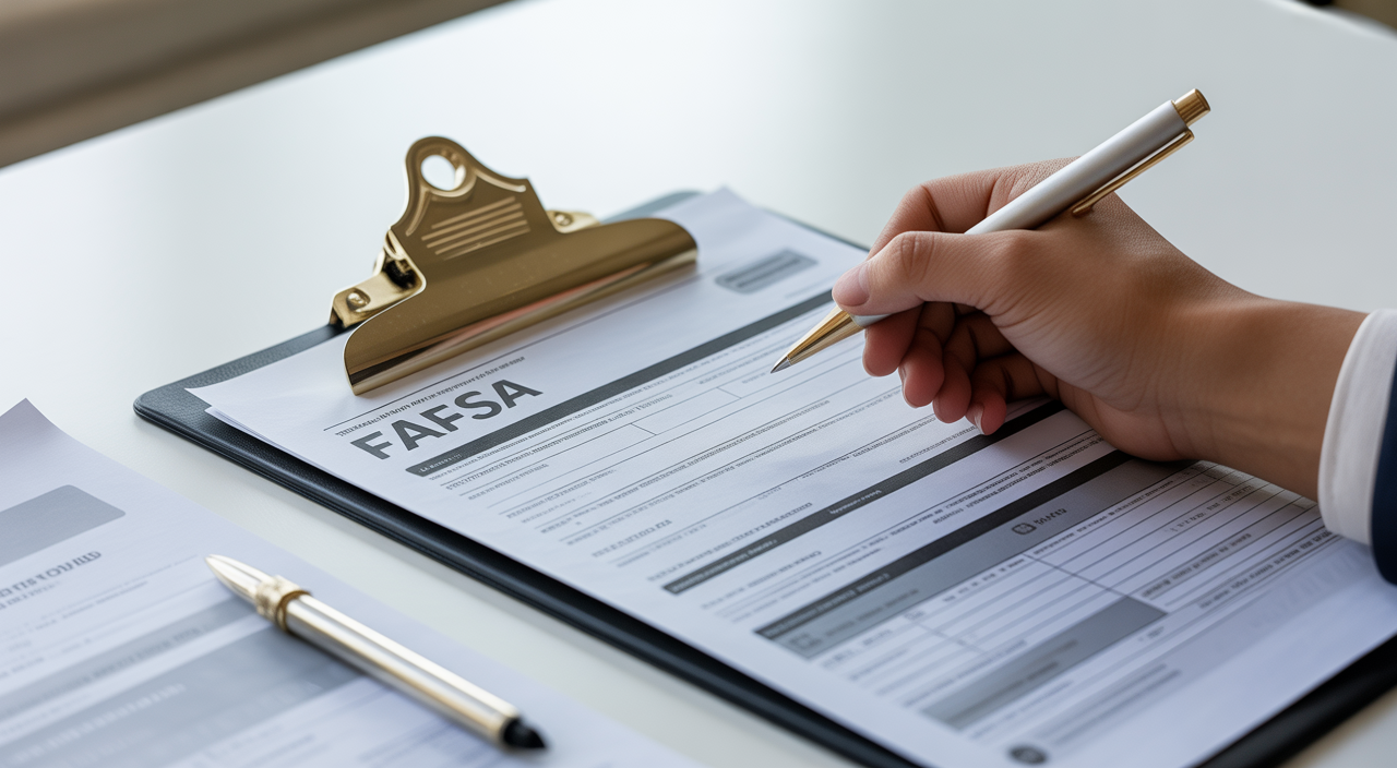 Parent and student reviewing college financial aid guidance together at a desk