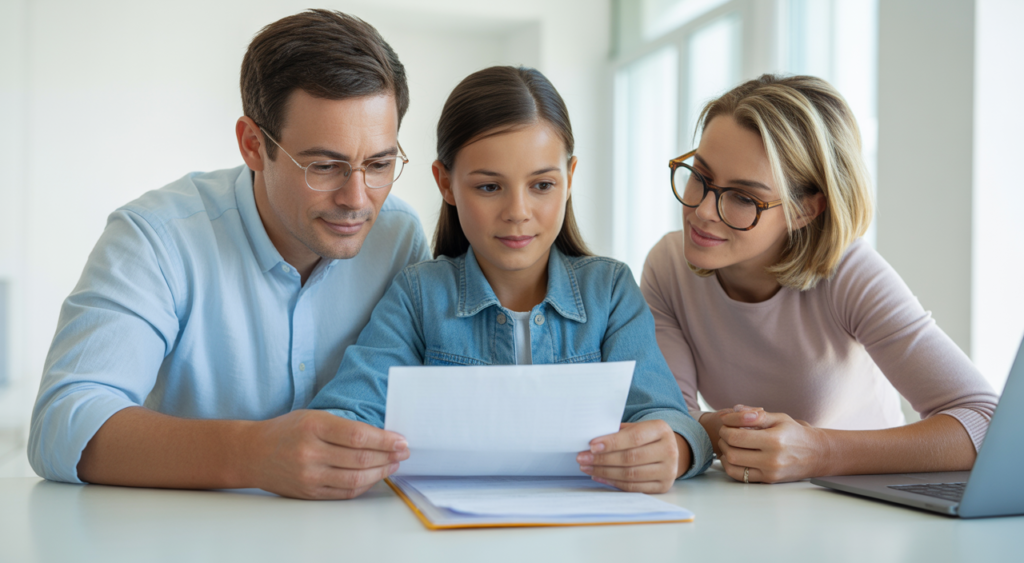 Family discussing college financial aid guidance with documents on a desk under bright natural light