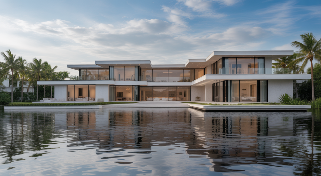 High-end modern luxury waterfront home in Florida with contemporary design and water reflections